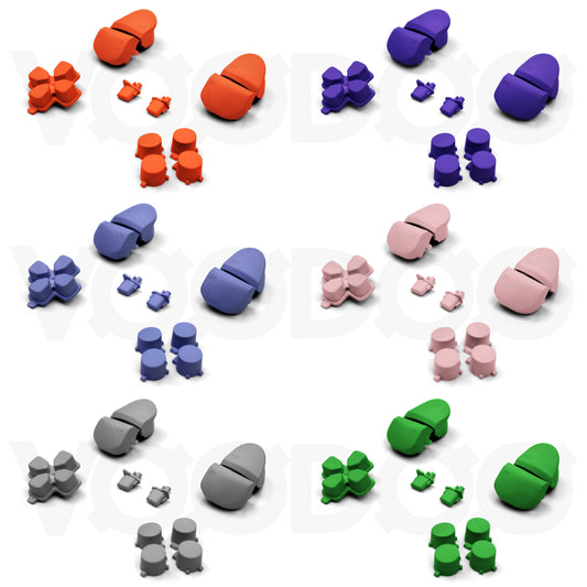 A collection of replacement custom button sets for a PS5 controller. Available in various solid colours including grey, orange, blue, pink, green, black, white, purple, wood grain and glow in the dark.